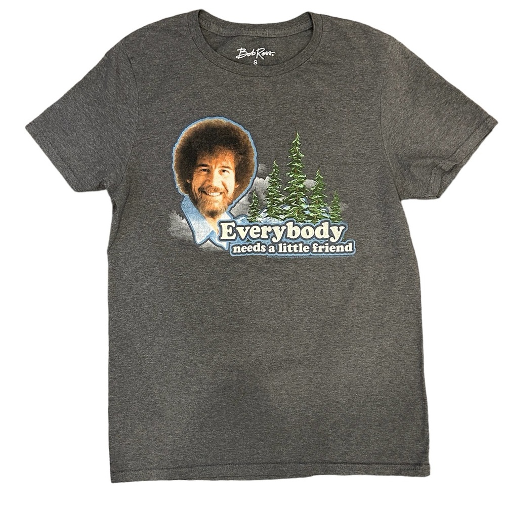 Bob Ross Graphic Tee T-Shirt Everybody Needs a Little Friend Grey Unisex Small